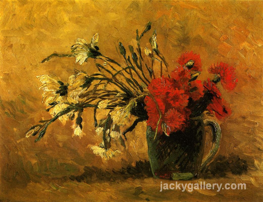 Vase with Red and White Carnations on a Yellow Background, Van Gogh painting